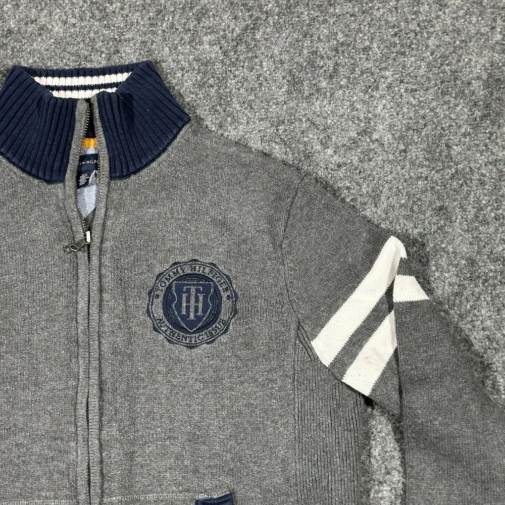 Tommy Hilfiger Mens Gray Navy Blue Full Zip Mock Neck Cotton‎ Knit Sweater Small